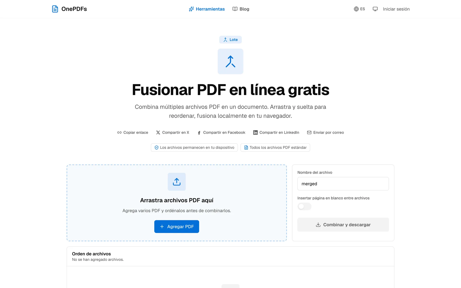 Página de OnePDFs para unir varios archivos PDF
