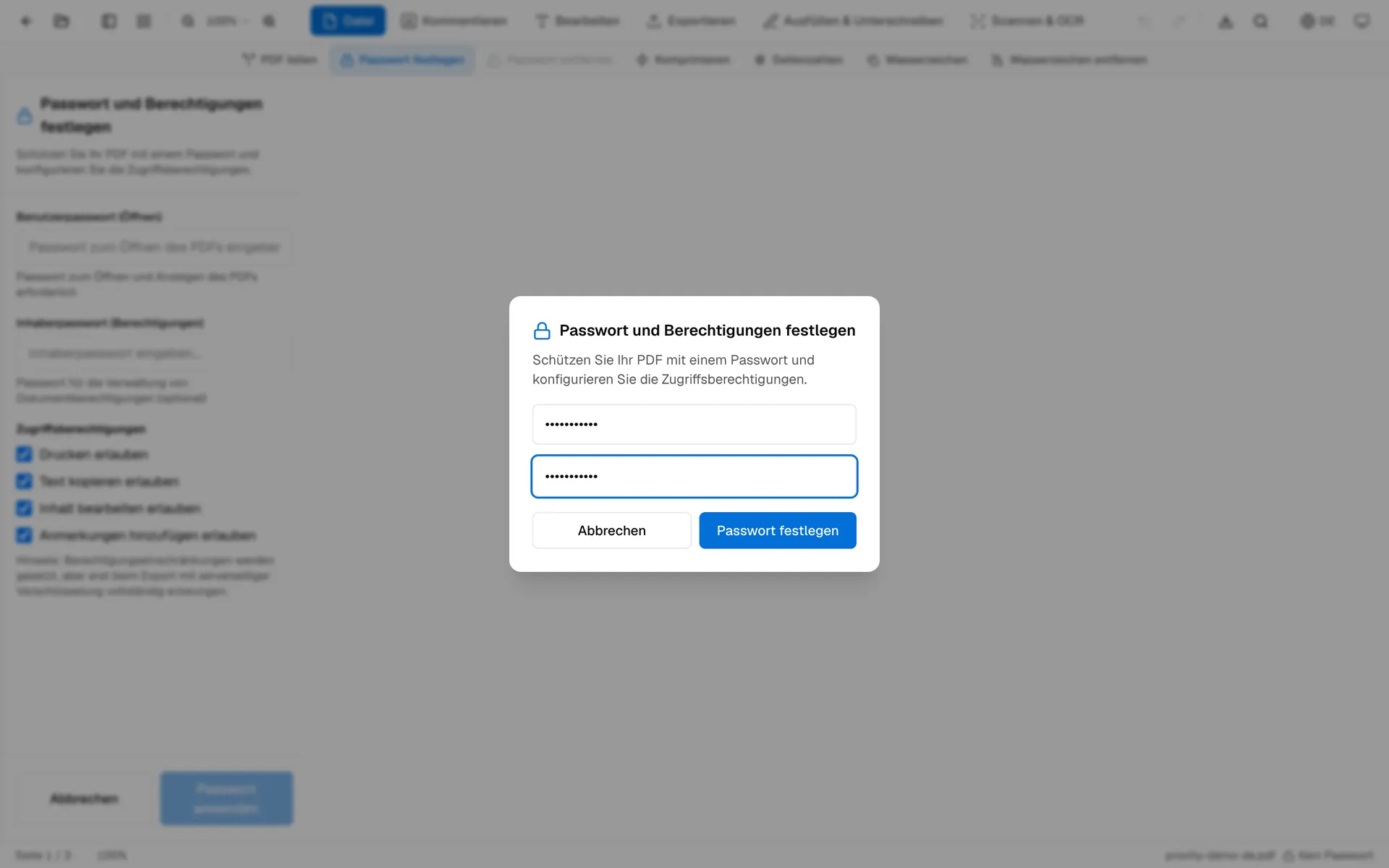 OnePDFs Passwortdialog zum Eingeben und Bestätigen eines PDF-Passworts