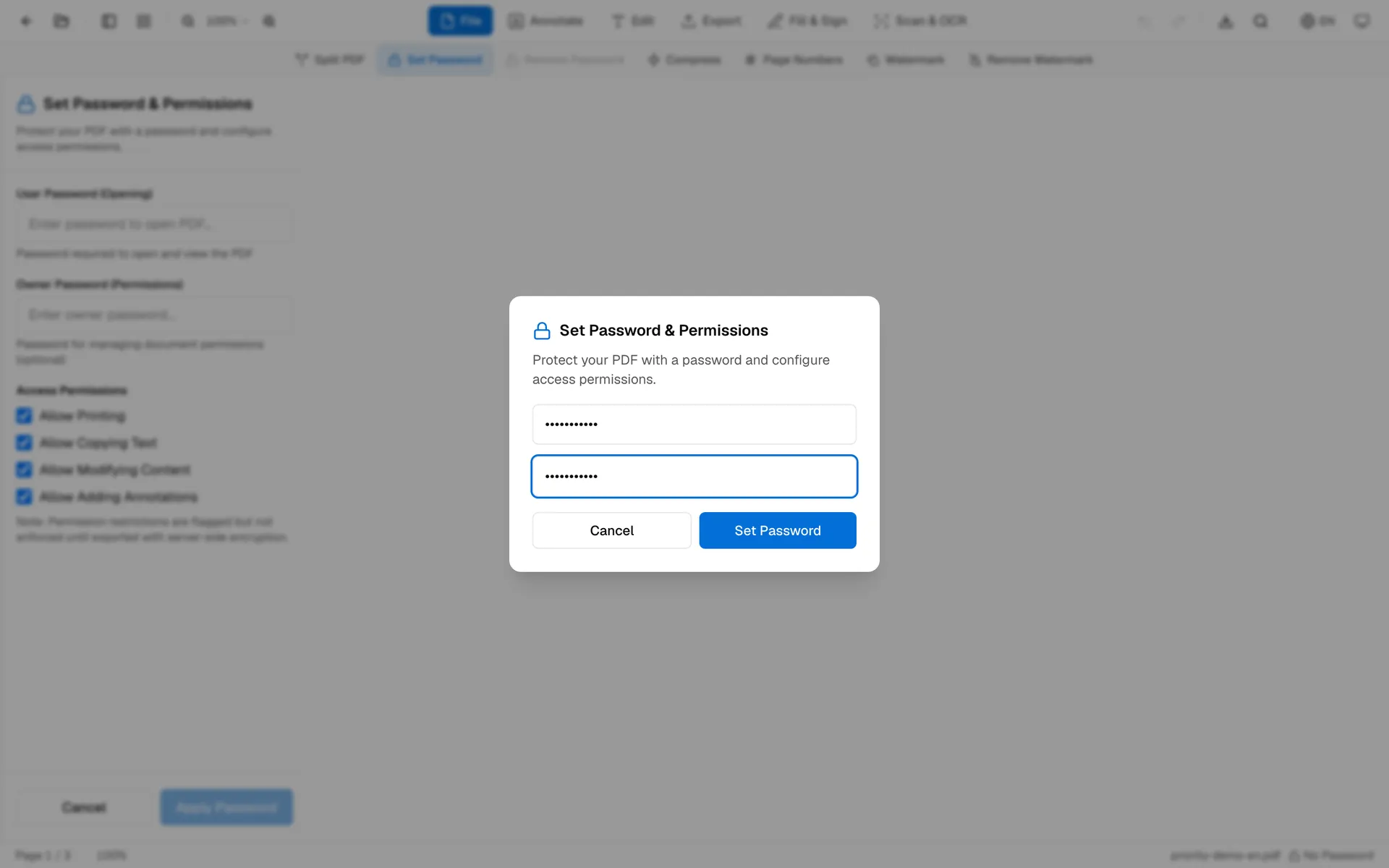 OnePDFs password dialog with a password entered before protecting the PDF