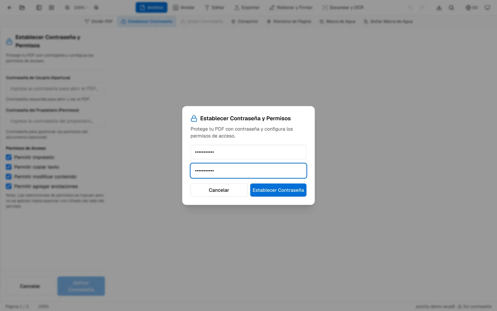 Diálogo de OnePDFs para introducir y confirmar la contraseña de un PDF