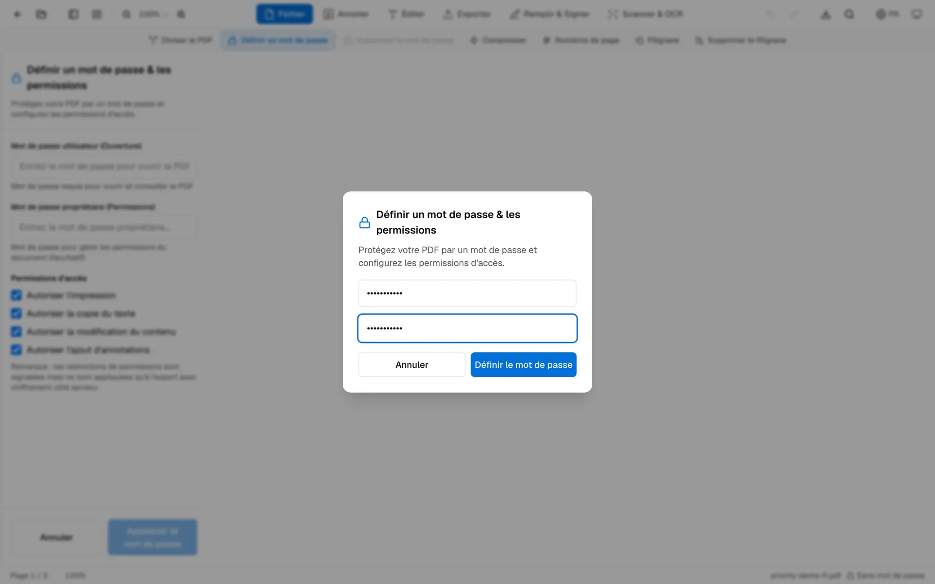 Boîte de dialogue OnePDFs pour saisir et confirmer un mot de passe PDF