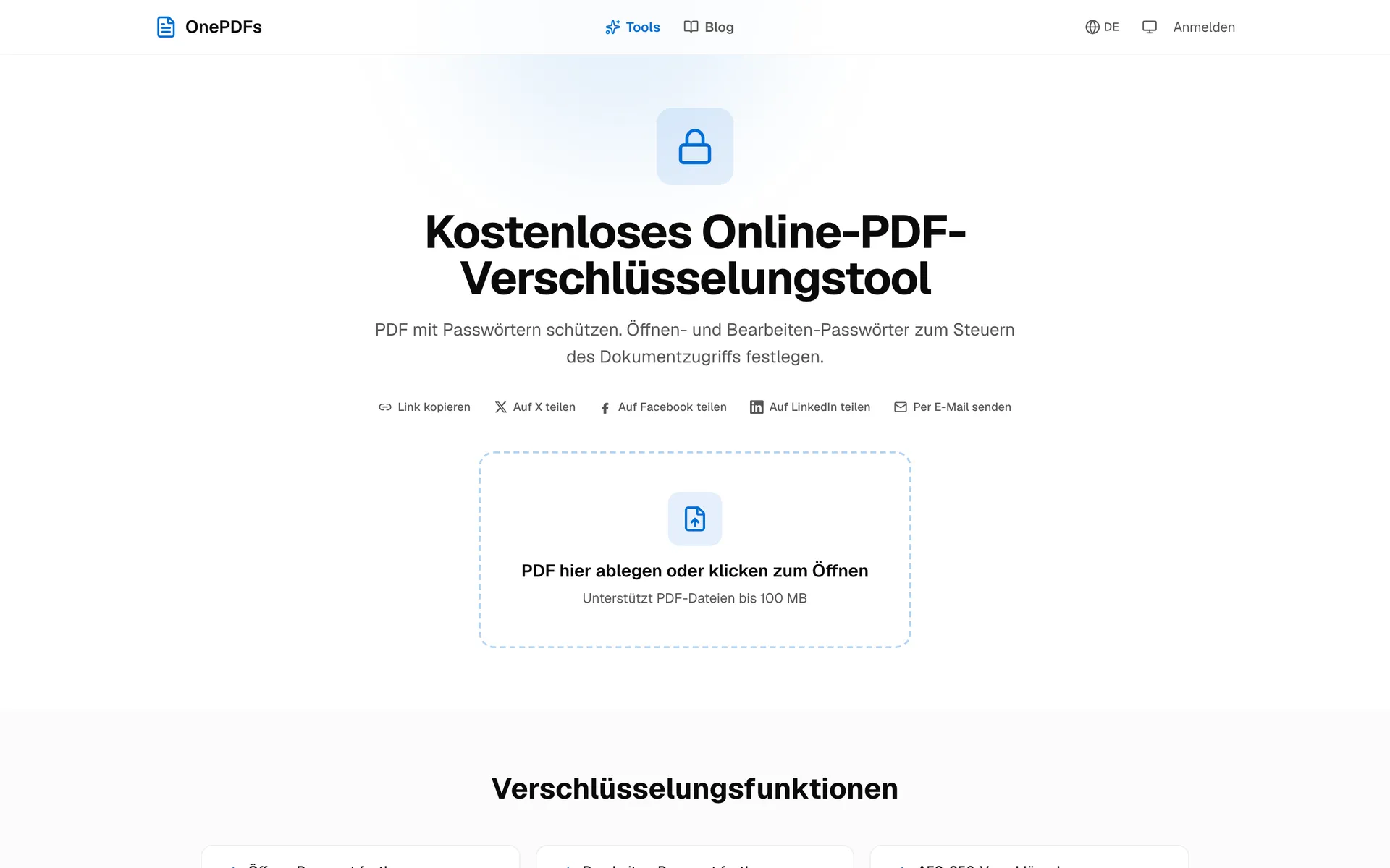 OnePDFs Seite zum Schützen einer PDF mit Passwort