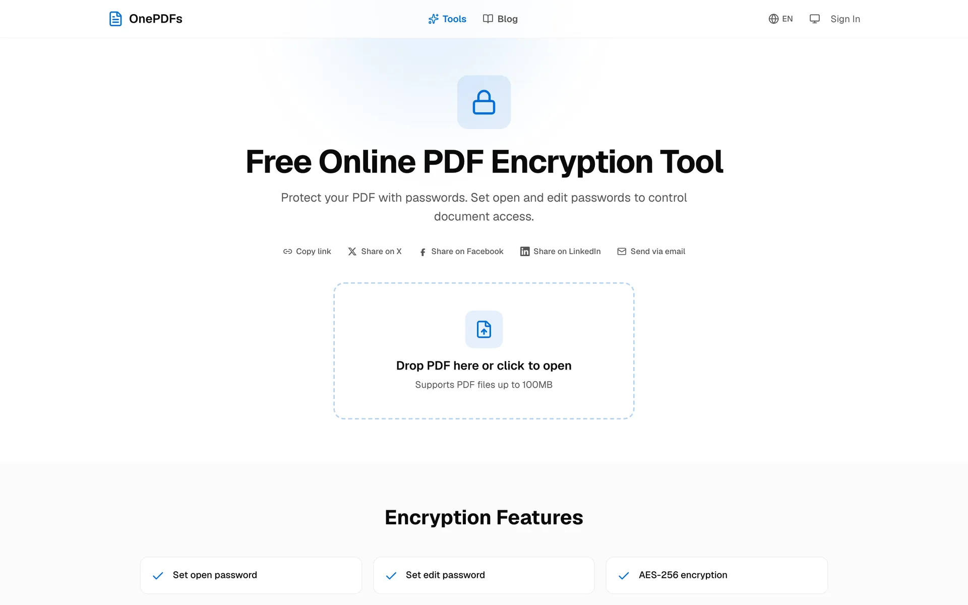 OnePDFs Password Protect PDF upload page for adding a password to a PDF