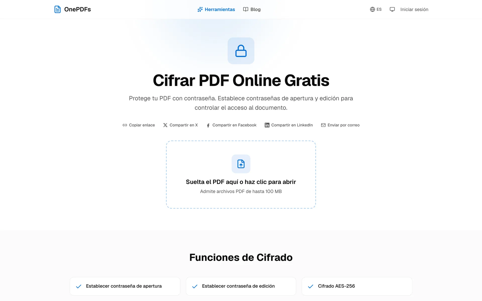 Página de OnePDFs para proteger un PDF con contraseña
