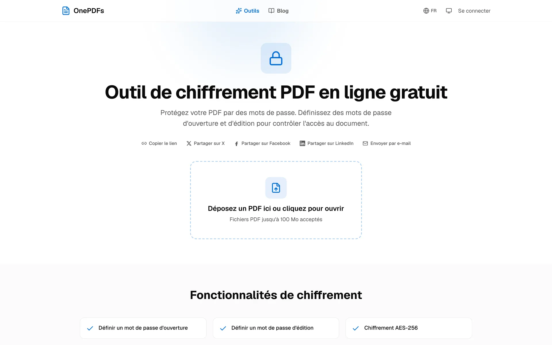 Page OnePDFs pour protéger un PDF avec un mot de passe