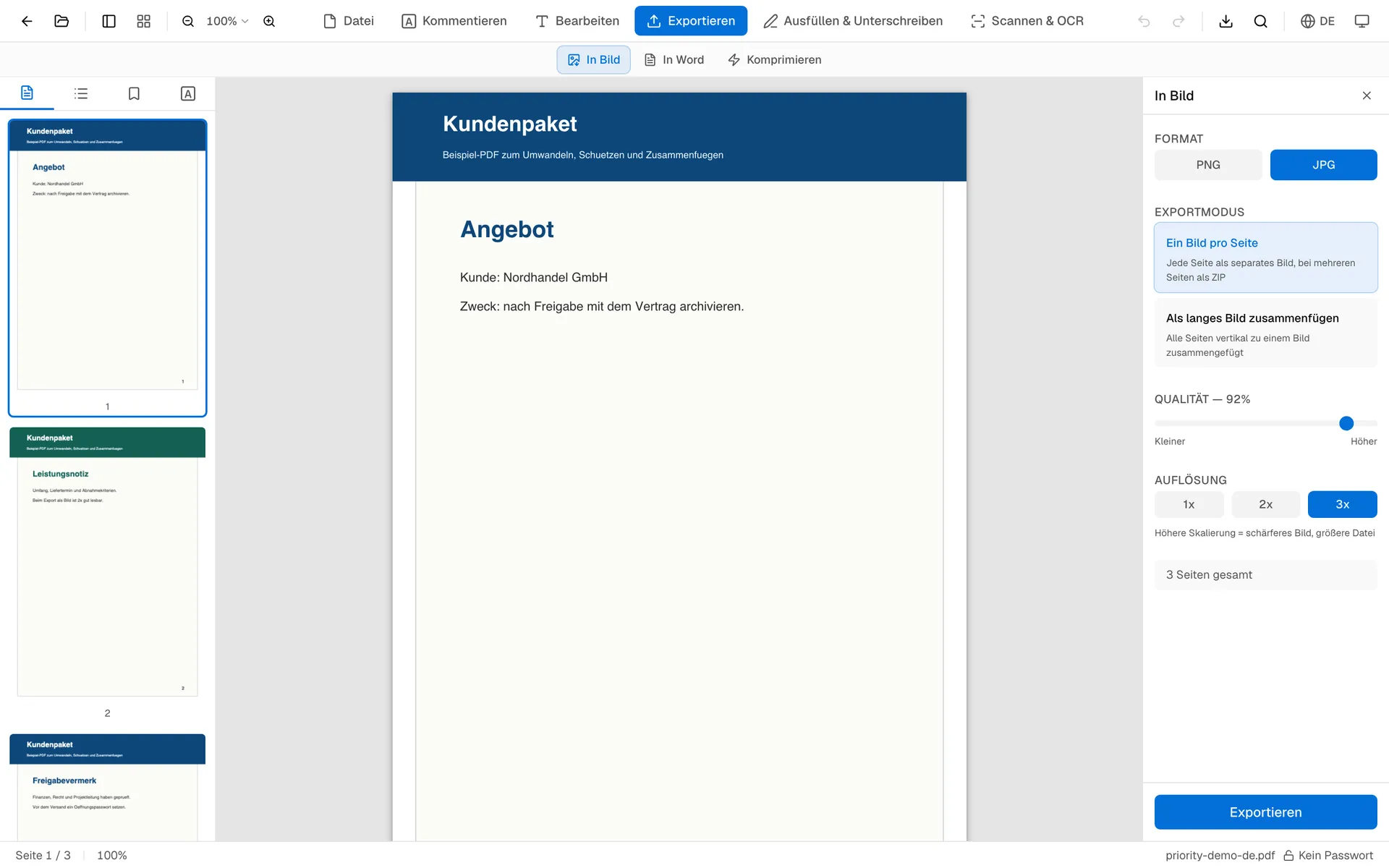 OnePDFs Export-Panel zum Umwandeln einer PDF-Seite in JPG mit 3x Auflösung