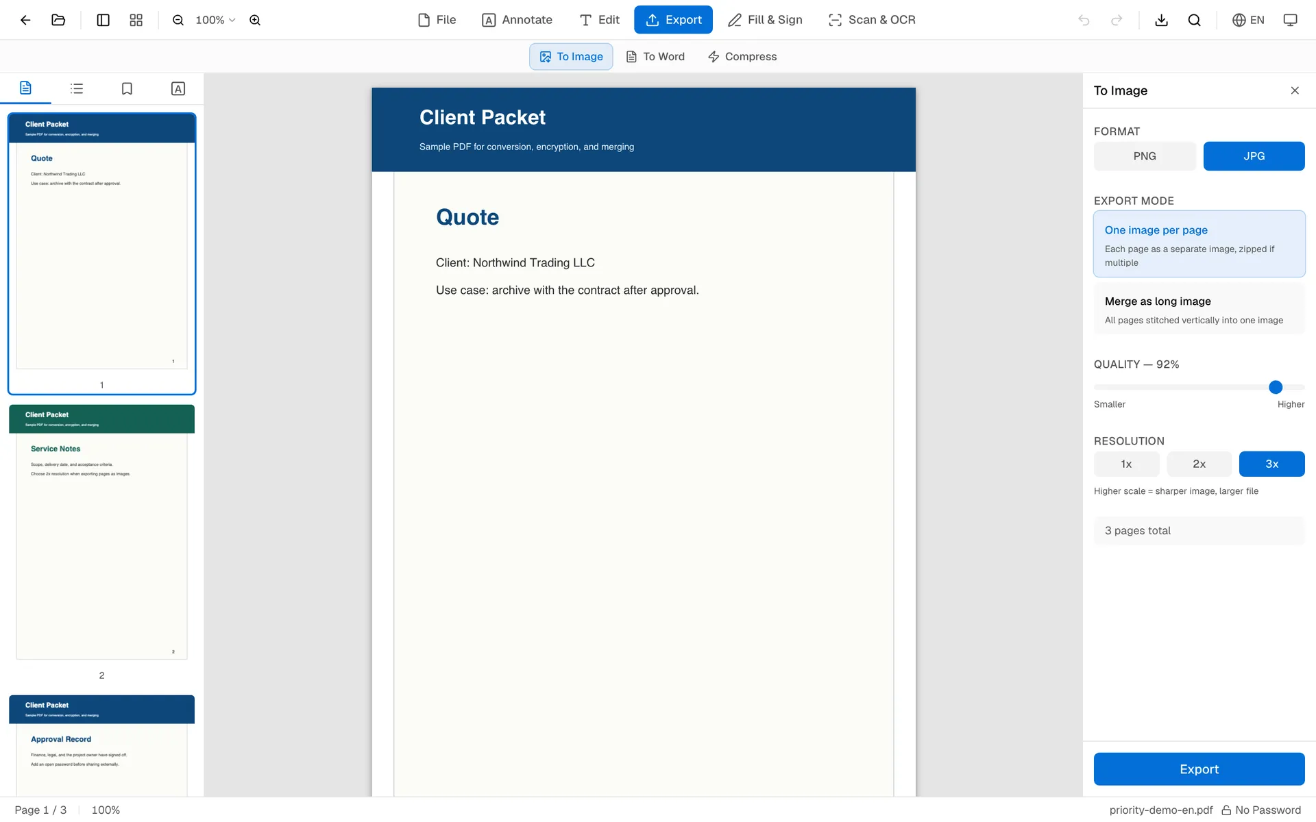 OnePDFs export panel configured to convert PDF pages to JPG at 3x resolution