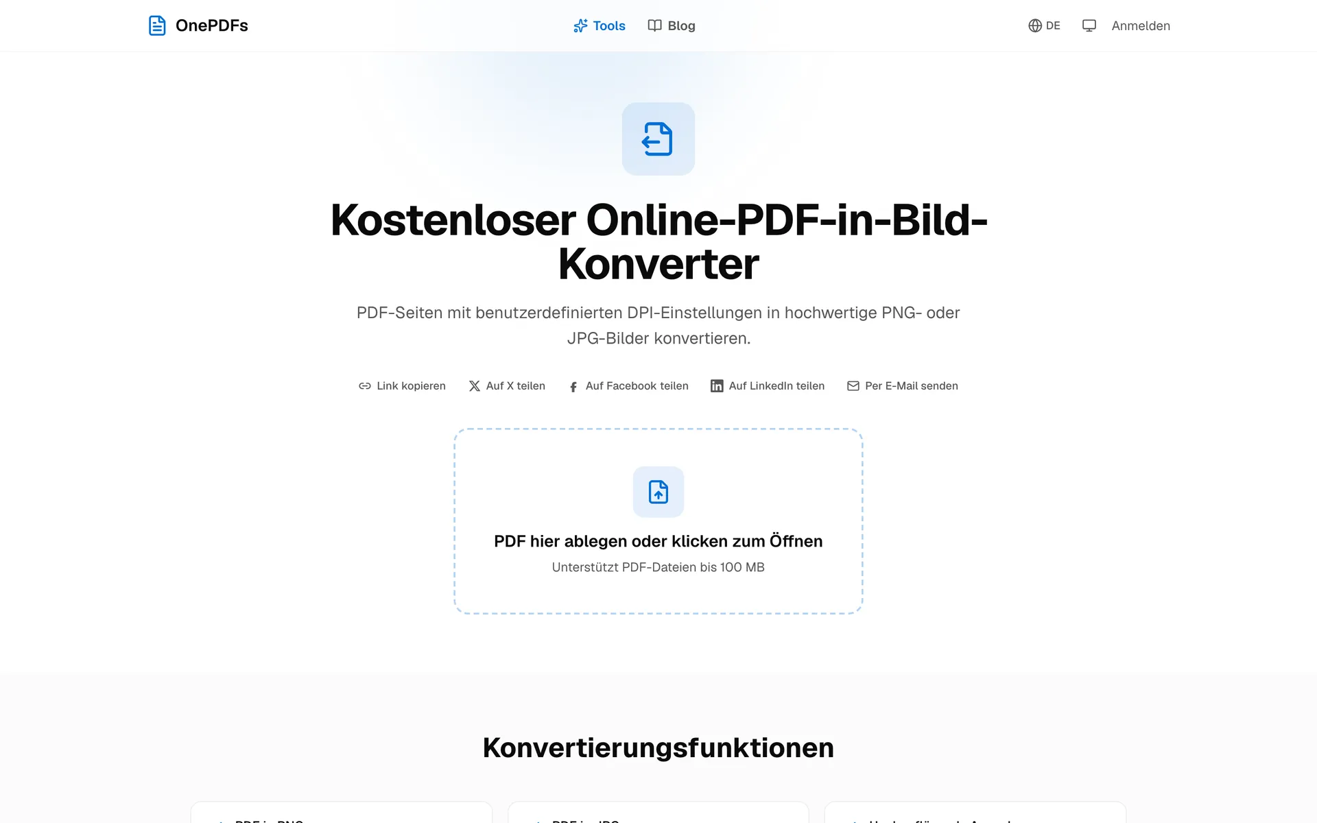 OnePDFs PDF-in-Bild-Seite zum Exportieren von PDF-Seiten als JPG oder PNG