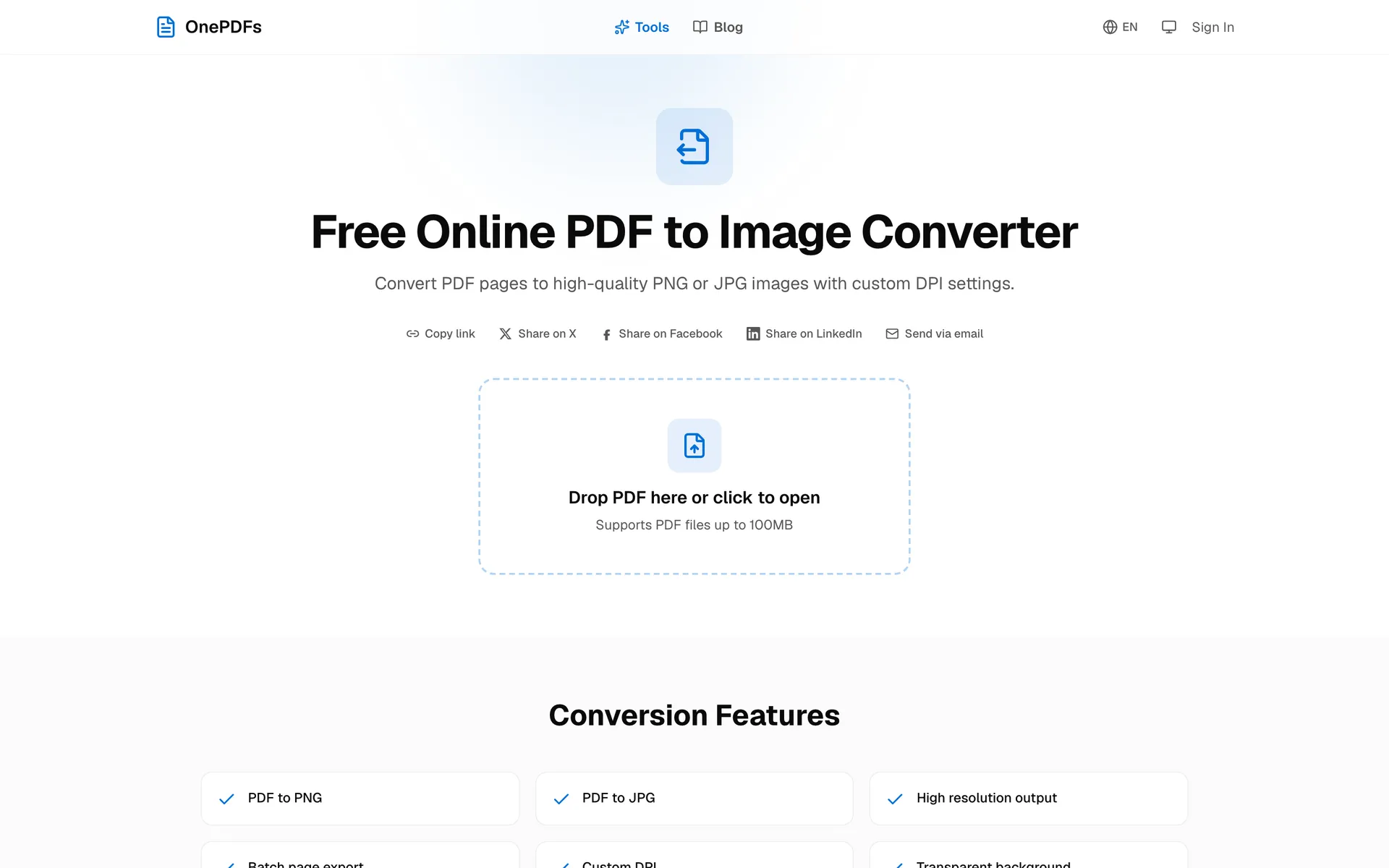 OnePDFs PDF to Image upload page for exporting PDF pages as JPG or PNG