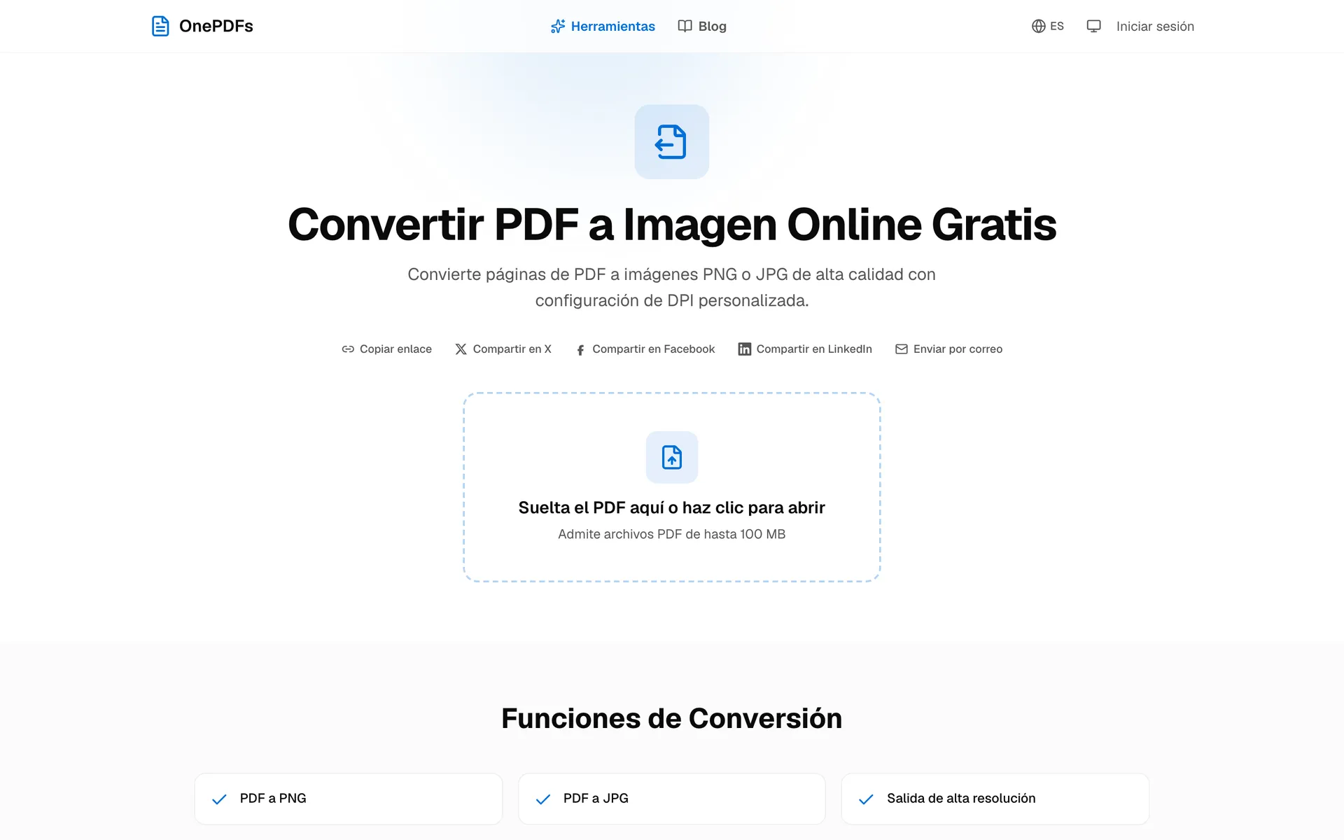 Página de OnePDFs para convertir PDF a imágenes JPG o PNG