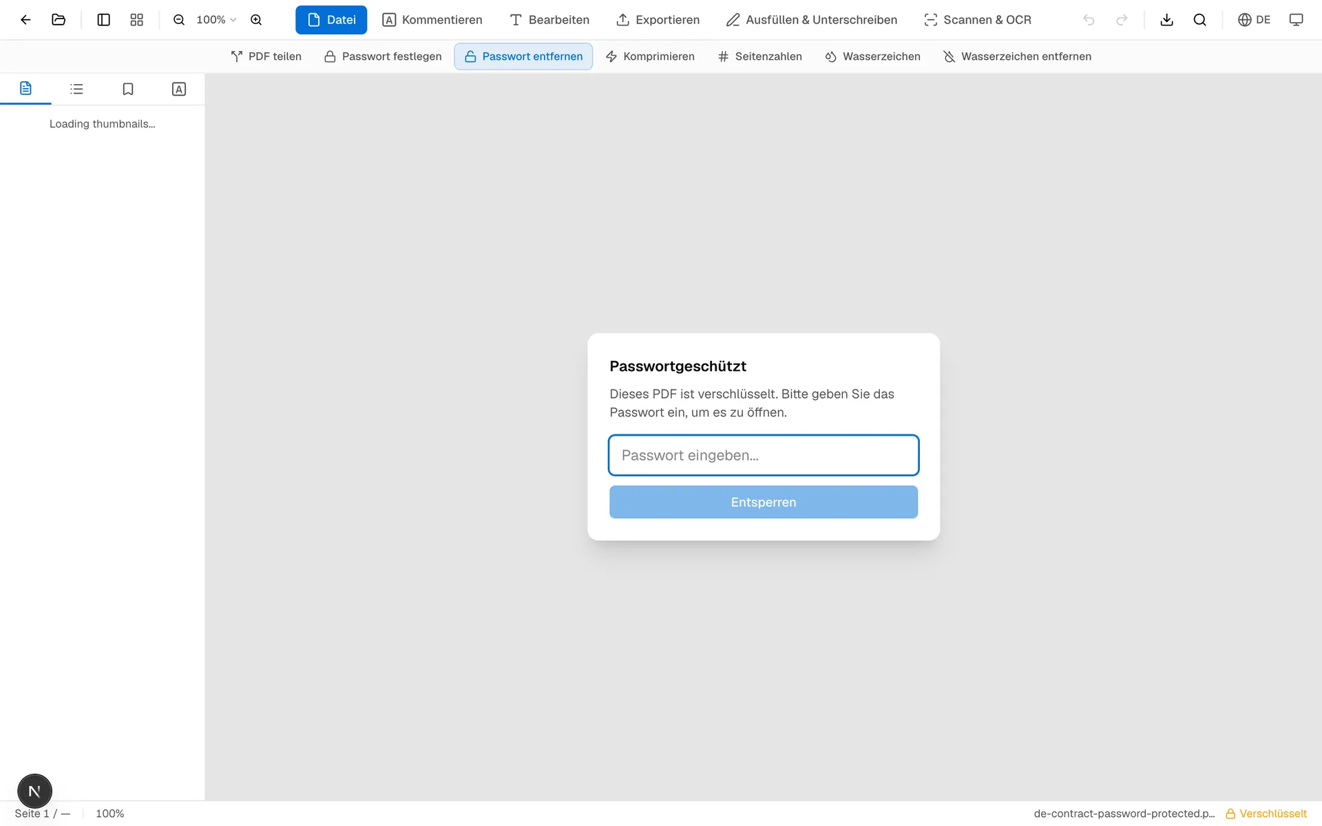 Passwortabfrage nach dem Hochladen eines geschützten PDFs in OnePDFs