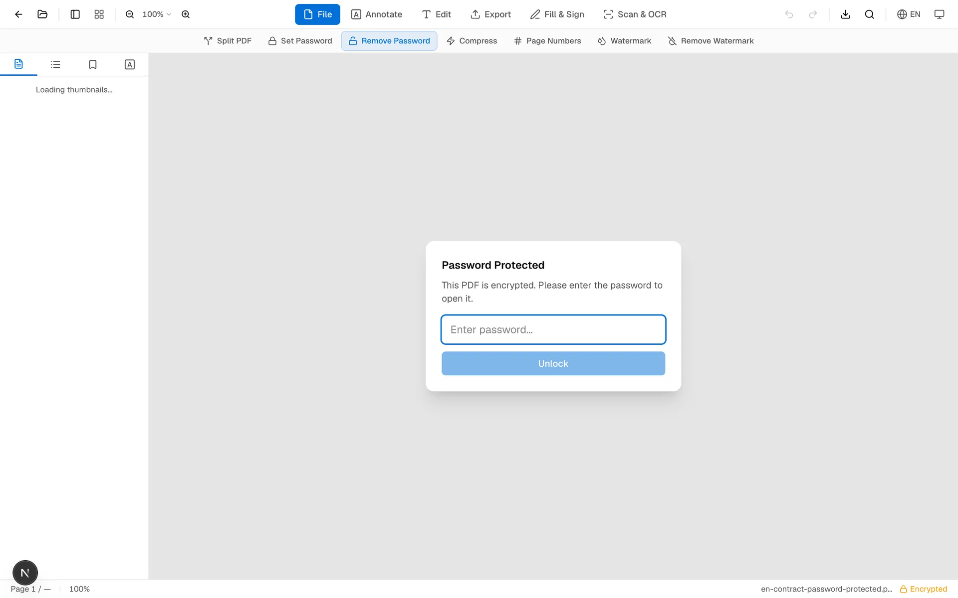 Password prompt shown after uploading a protected PDF to OnePDFs