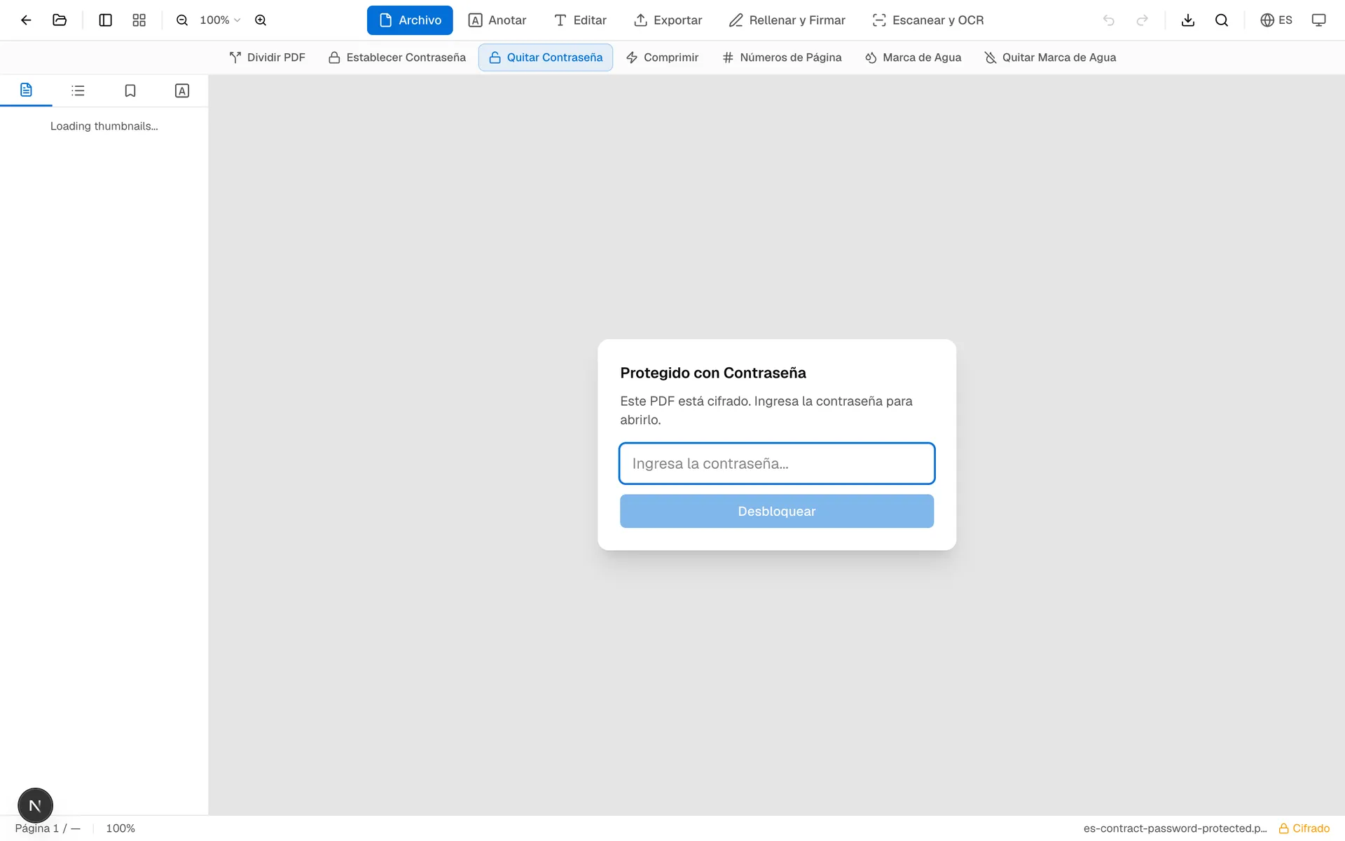 Ventana de contraseña después de subir un PDF protegido a OnePDFs