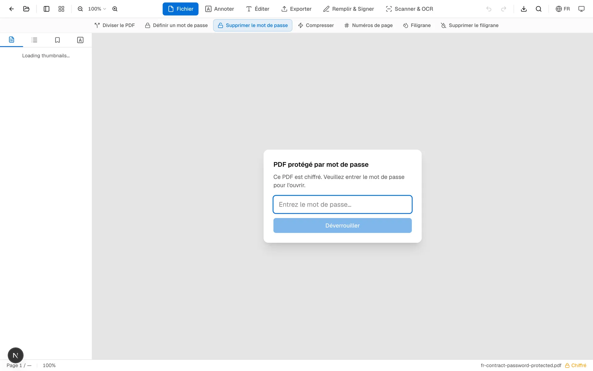 Fenêtre de saisie du mot de passe après l’import d’un PDF protégé dans OnePDFs