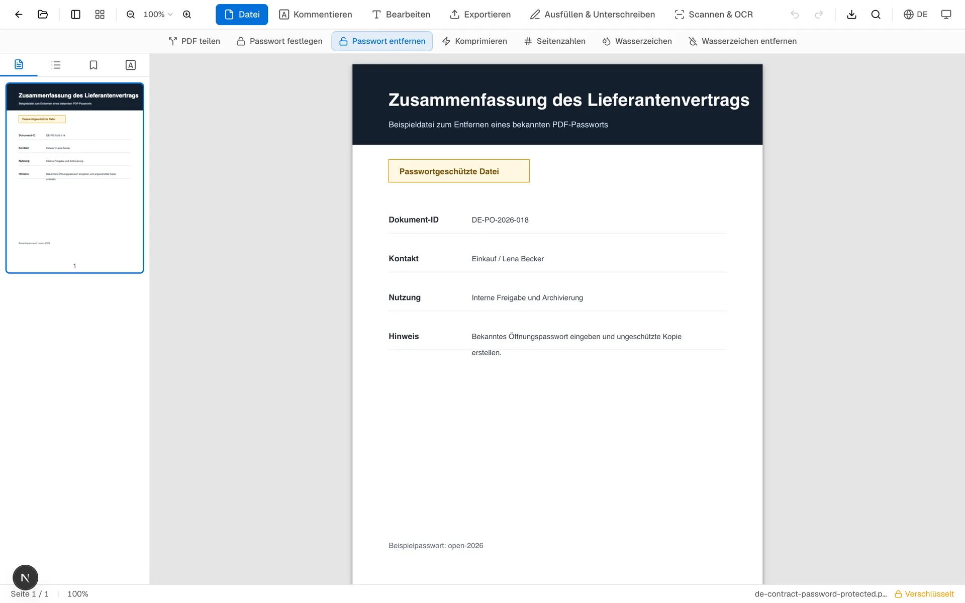 OnePDFs Editor mit aktivierter Schaltfläche Passwort entfernen nach Eingabe des richtigen PDF-Passworts