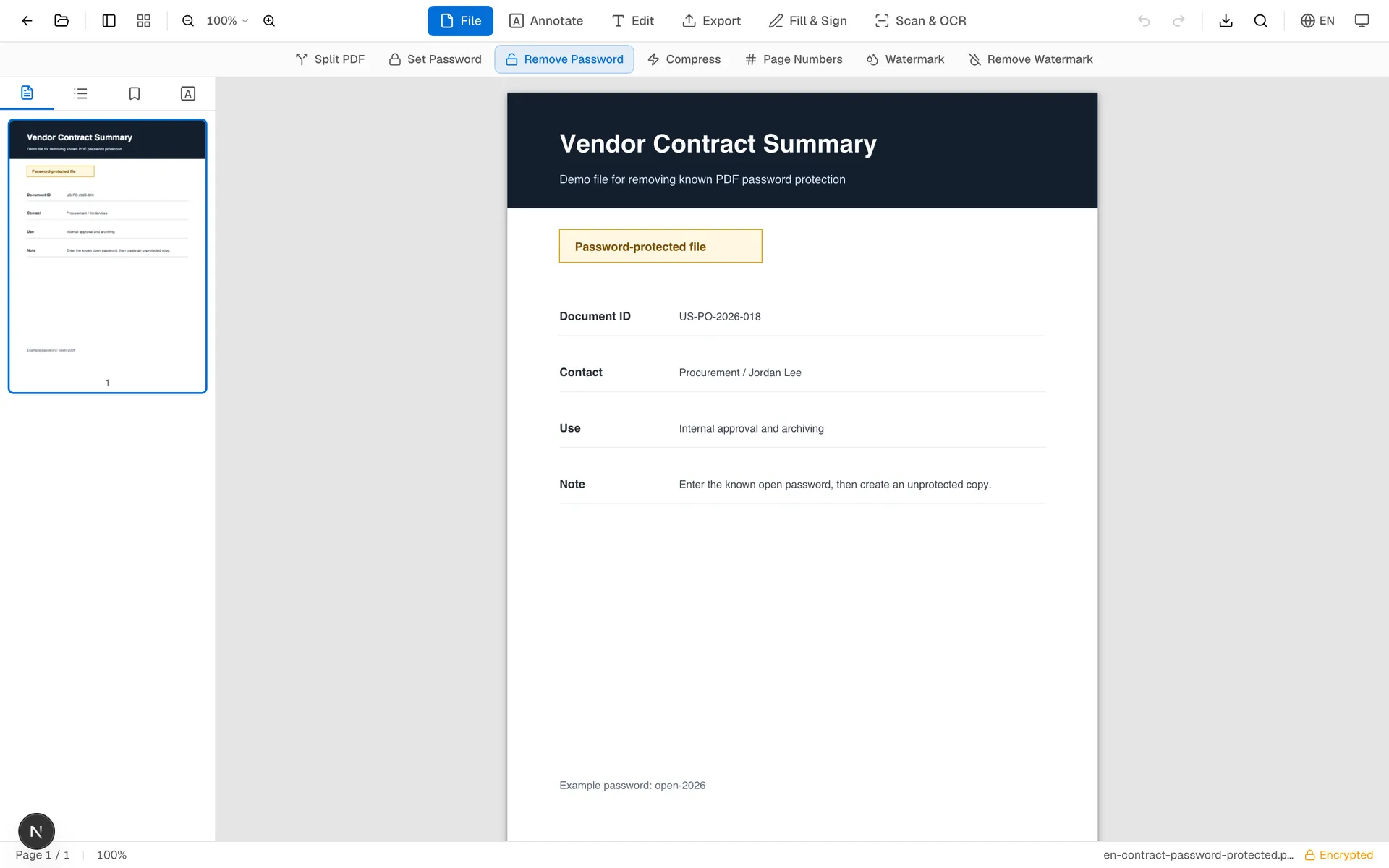 OnePDFs editor showing the Remove Password button enabled after the correct PDF password has been entered
