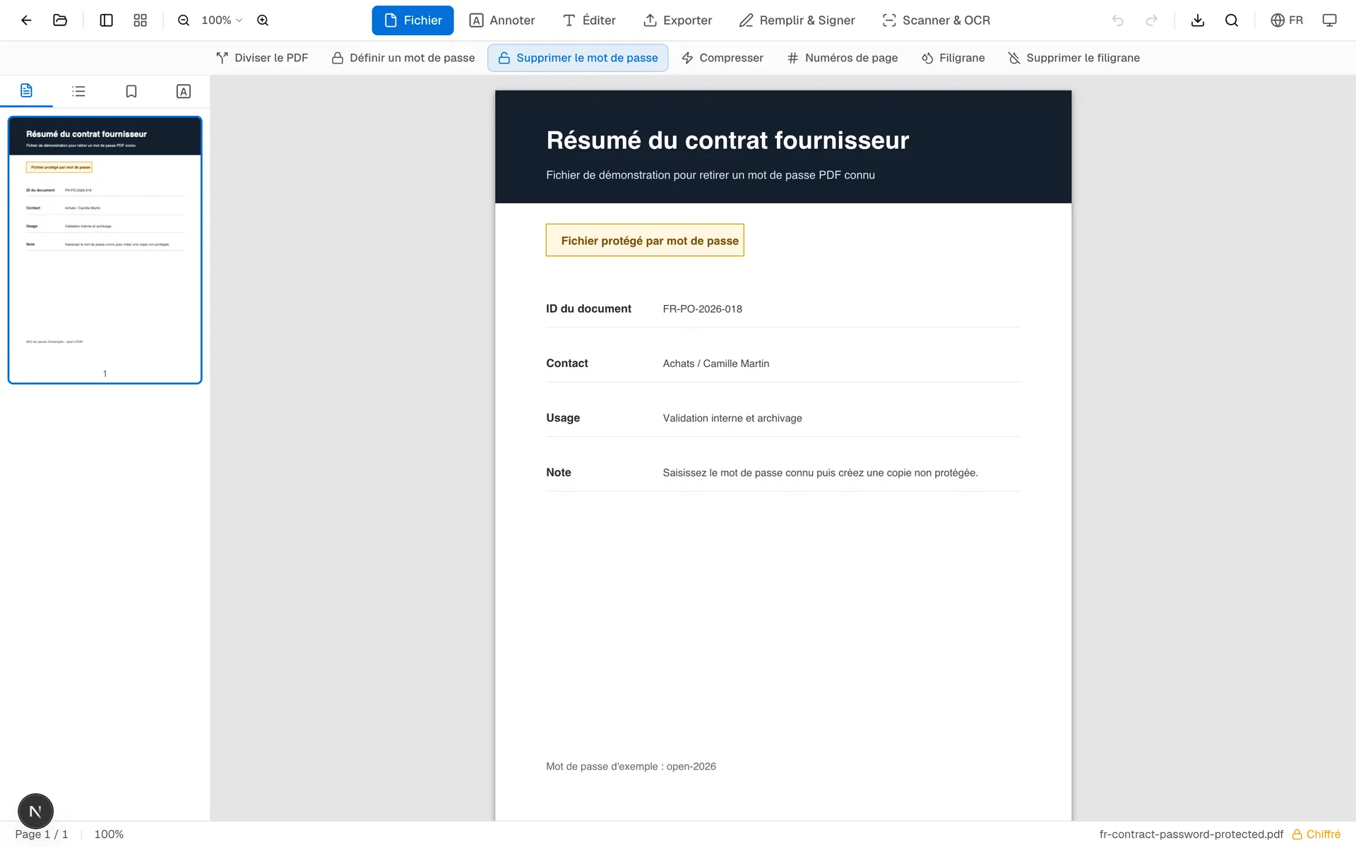 Éditeur OnePDFs avec le bouton Supprimer le mot de passe activé après saisie du bon mot de passe PDF