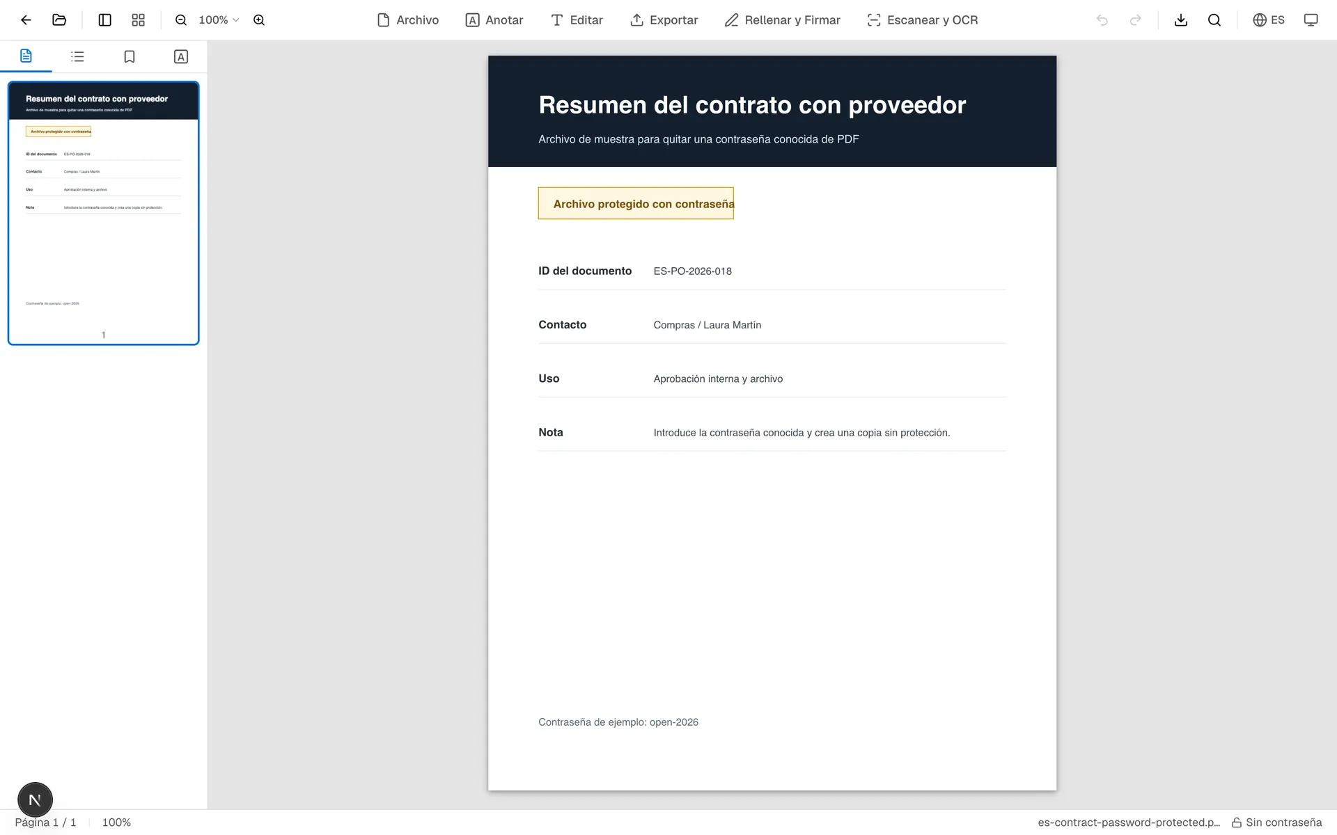 Resultado en OnePDFs después de quitar la protección por contraseña del PDF