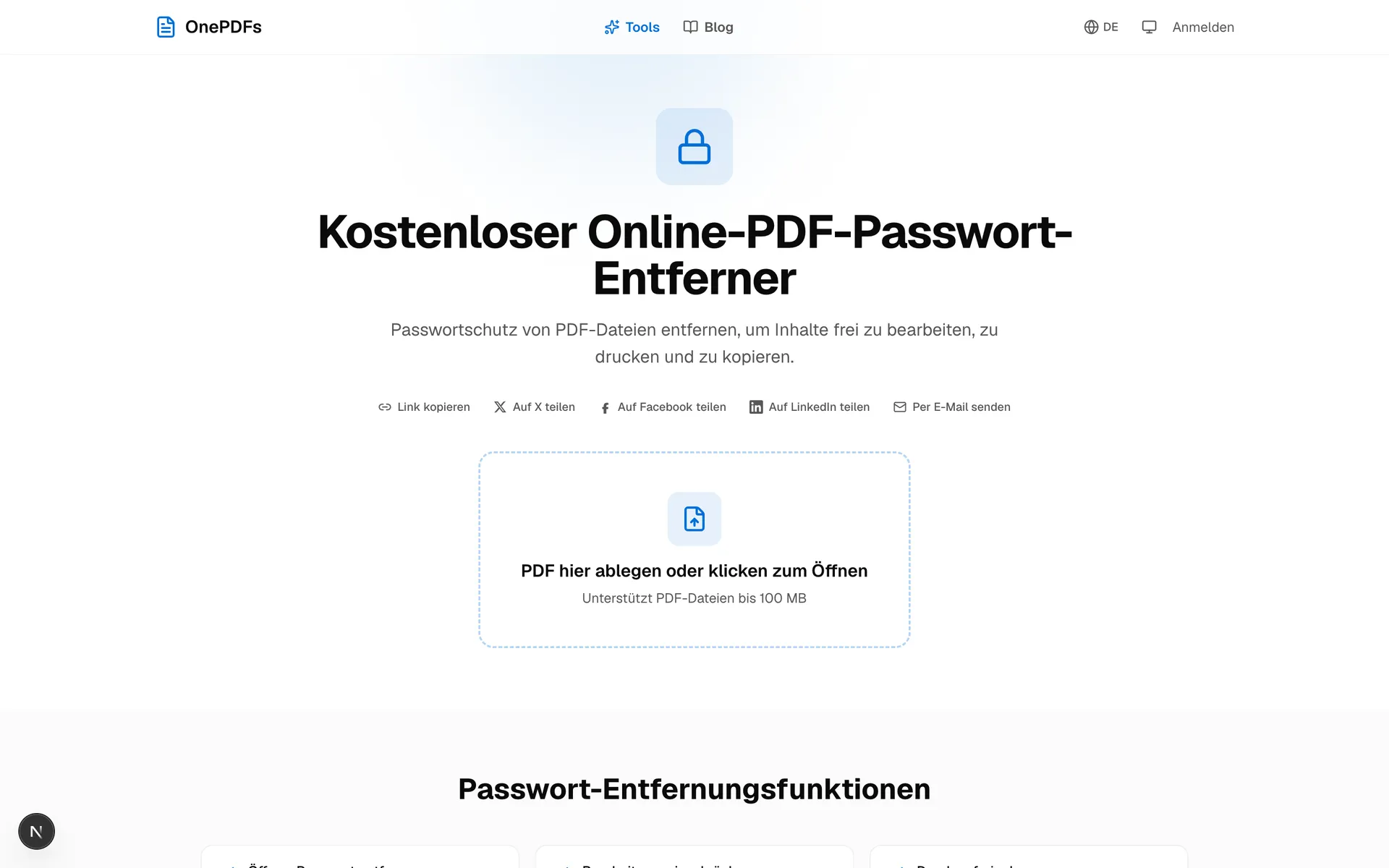 OnePDFs Upload-Seite zum Entfernen eines PDF-Passworts mit Drag-and-drop-Bereich