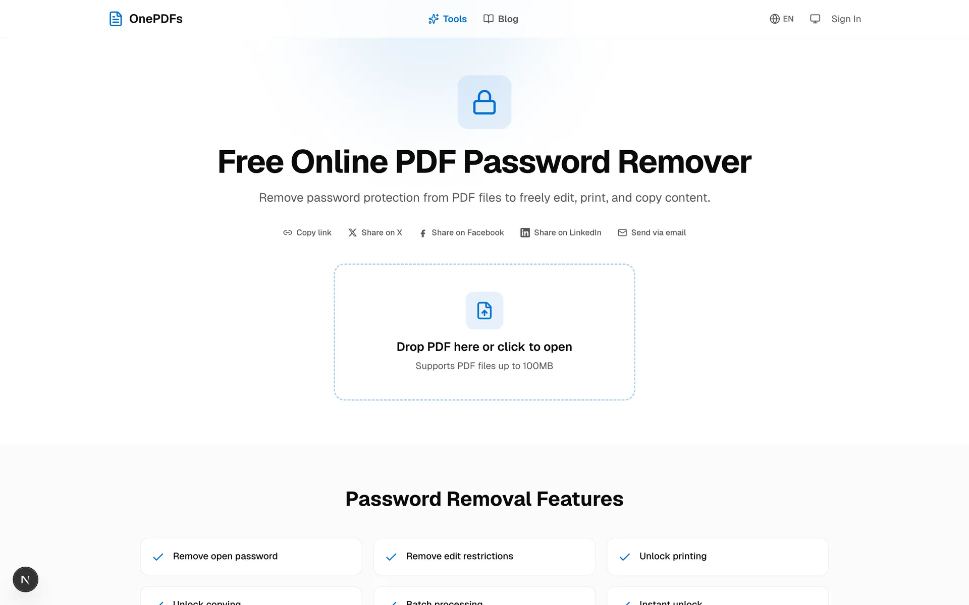 OnePDFs Remove Password upload page with a drag-and-drop area for selecting a protected PDF file