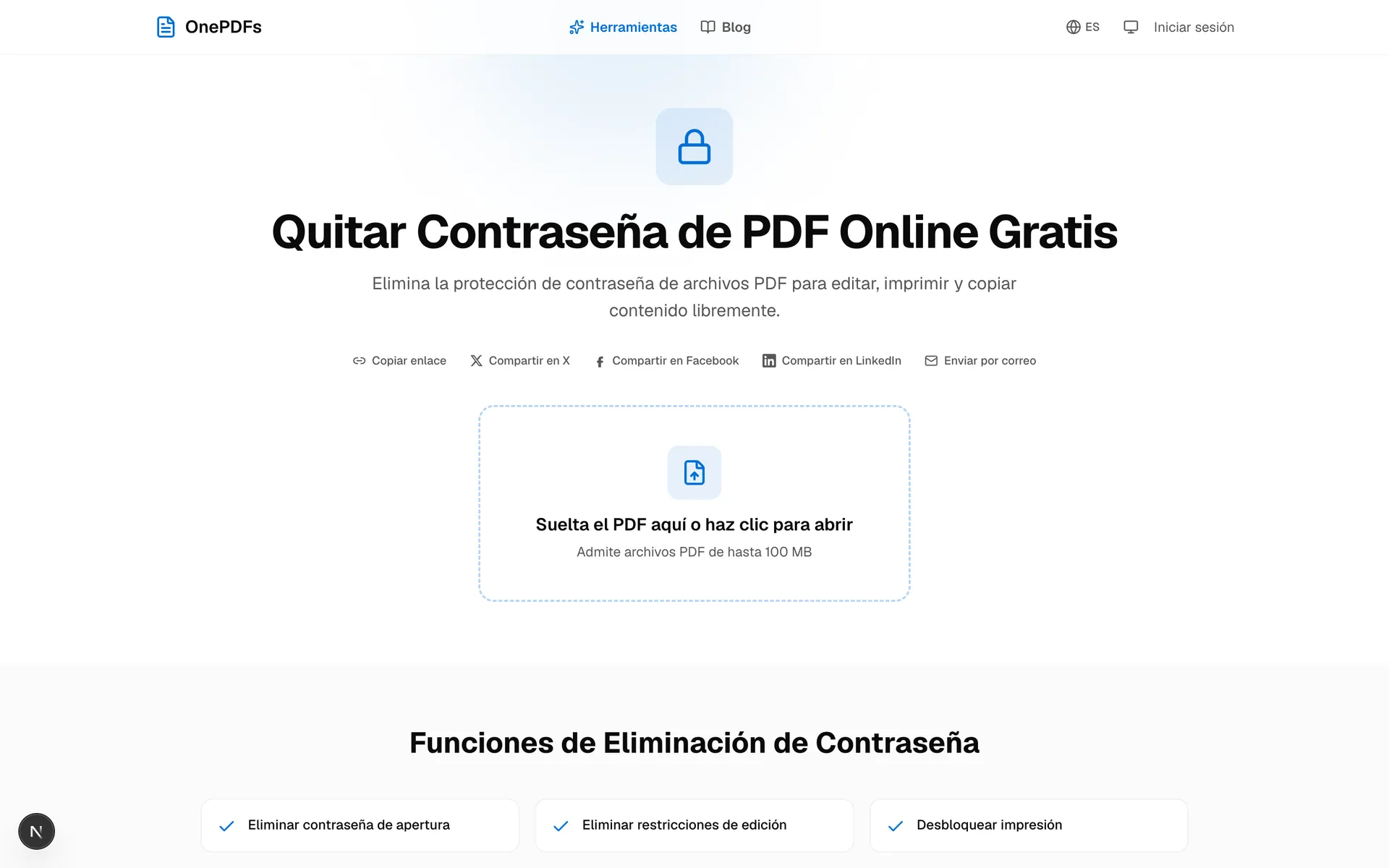 Página de OnePDFs para quitar contraseña de PDF con el área de carga del archivo protegido