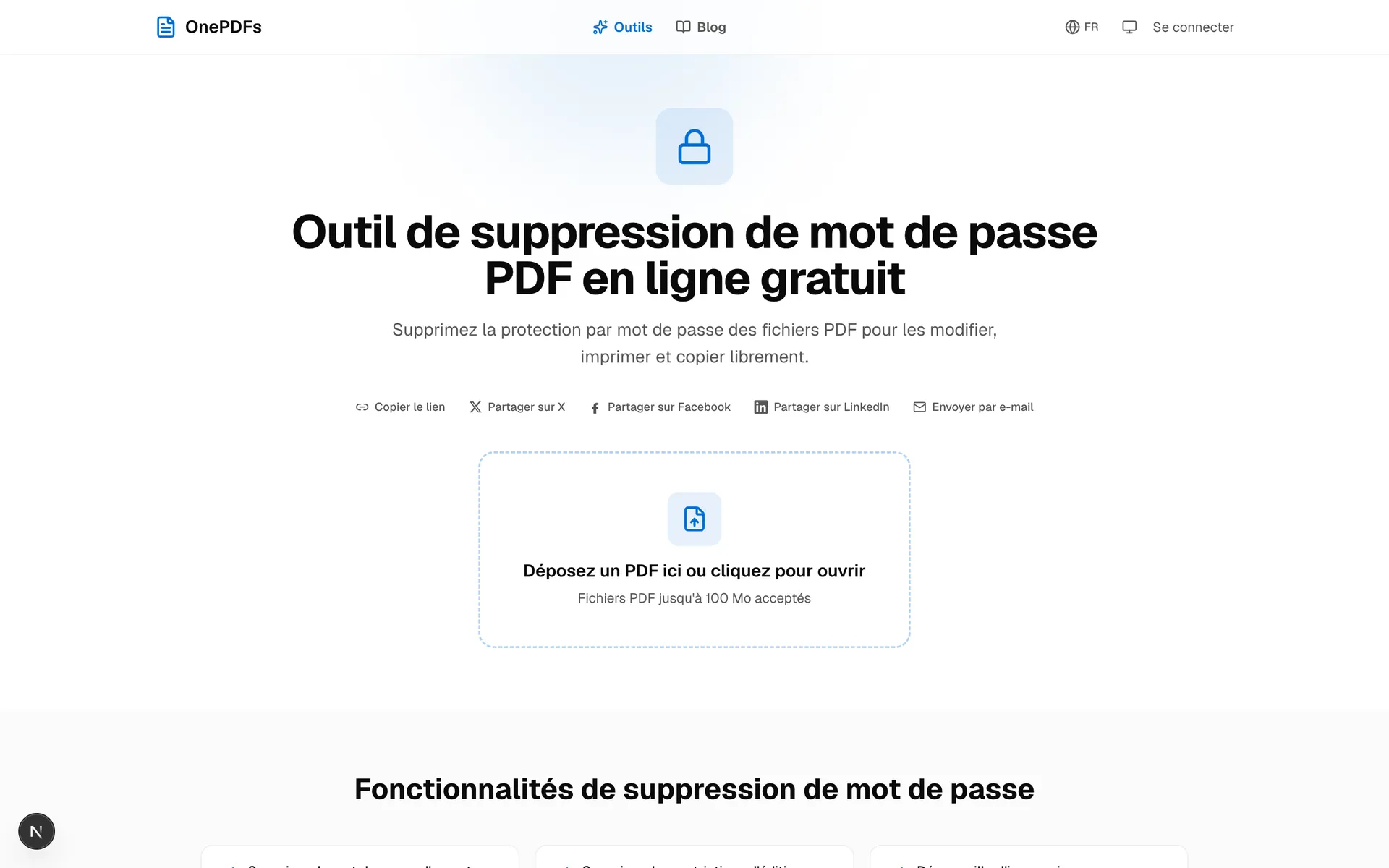 Page OnePDFs pour supprimer le mot de passe d’un PDF avec une zone d’import du fichier protégé