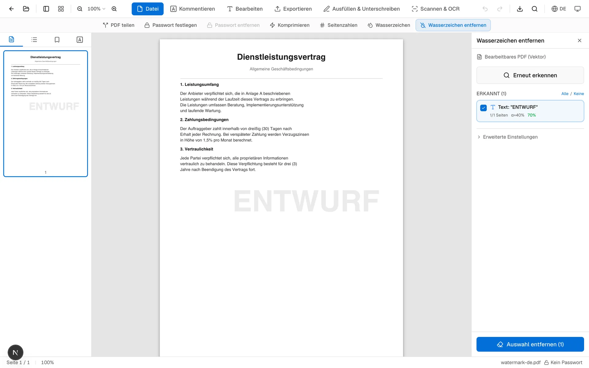 OnePDFs-Kandidatenliste mit erkannten Objekten, Konfidenz und betroffenen Seiten