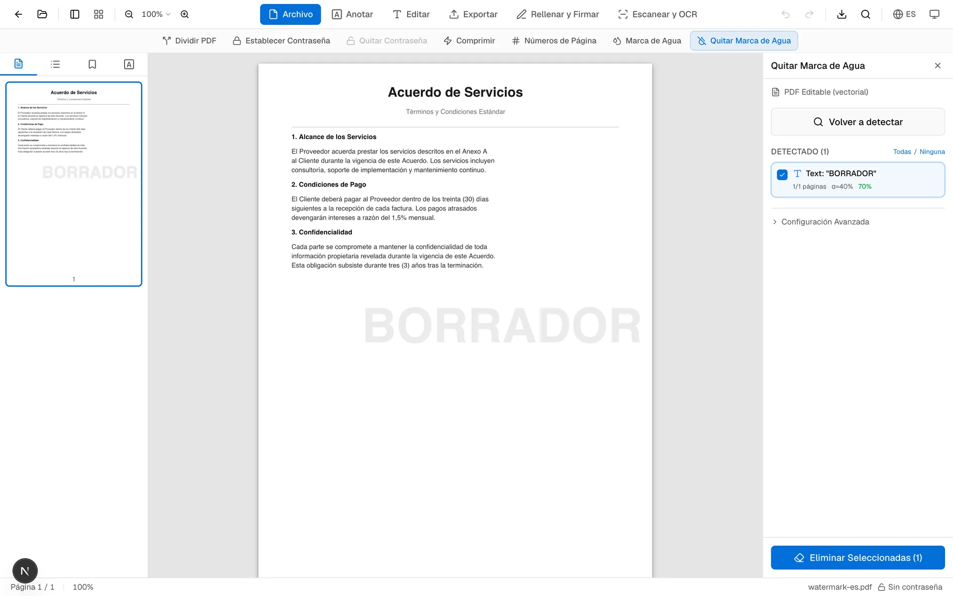 Lista de candidatos de OnePDFs con objetos detectados, confianza y páginas afectadas