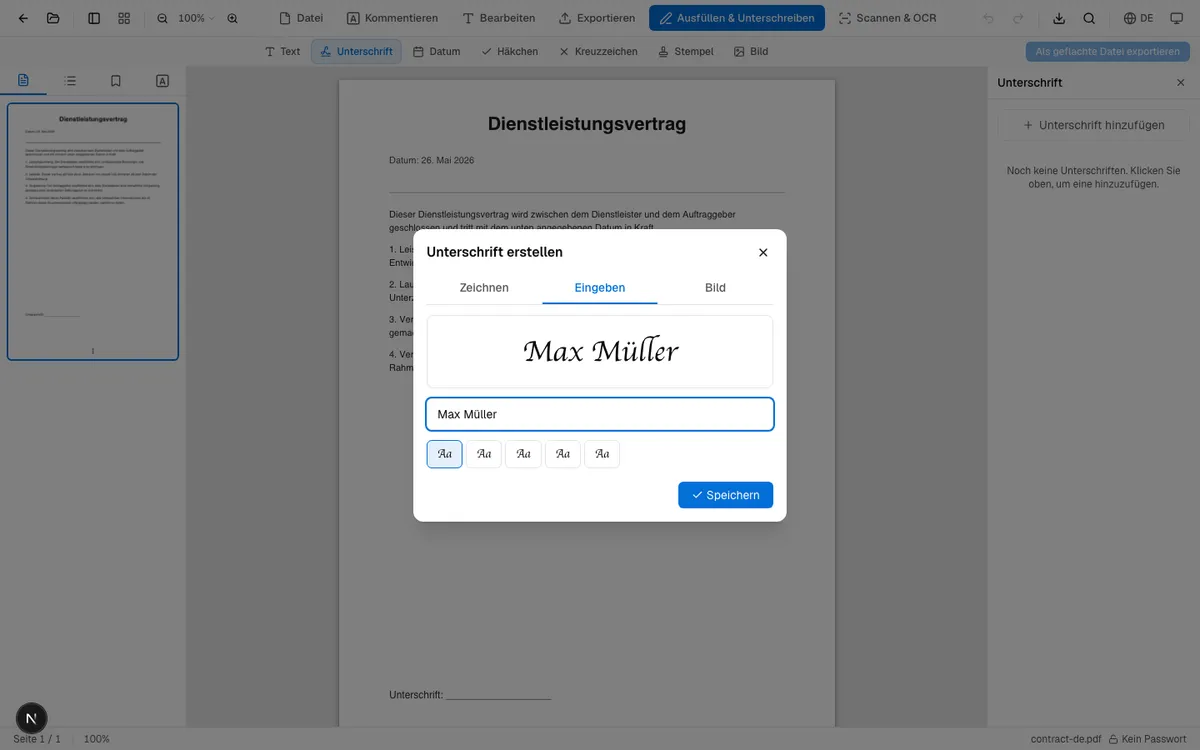 Fenster zur Unterschrift-Erstellung: Eingeben-Tab mit "Max Müller" in Schreibschrift