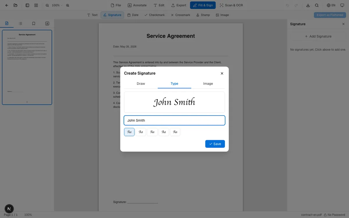 Signature creation modal showing the type tab with "John Smith" in cursive script