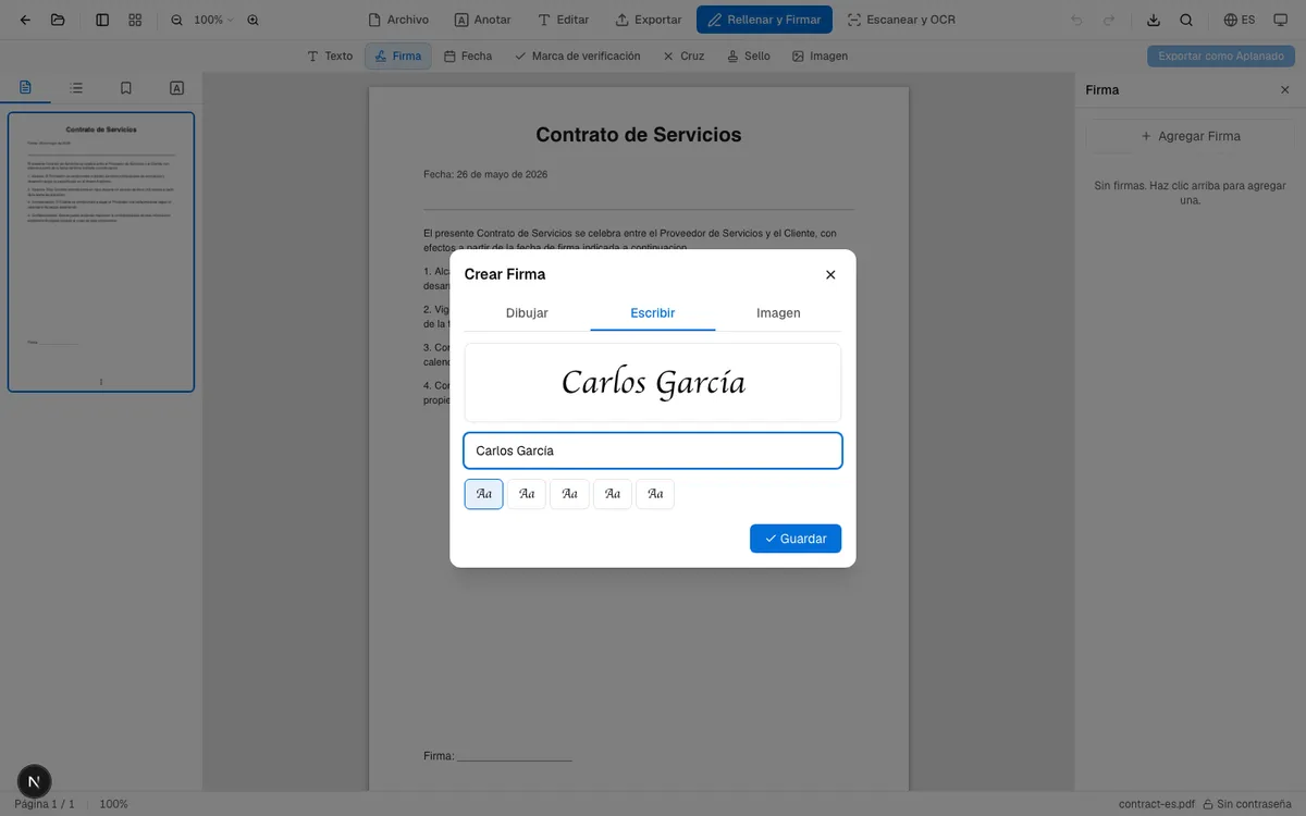 Ventana de creación de firma: pestaña de texto con "Carlos García" en estilo cursivo