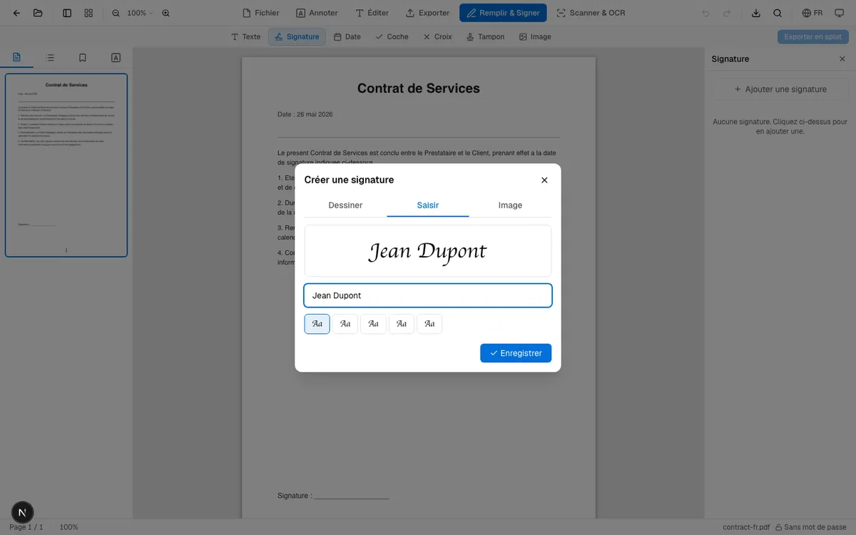 Fenêtre de création de signature : onglet saisir avec "Jean Dupont" en écriture cursive