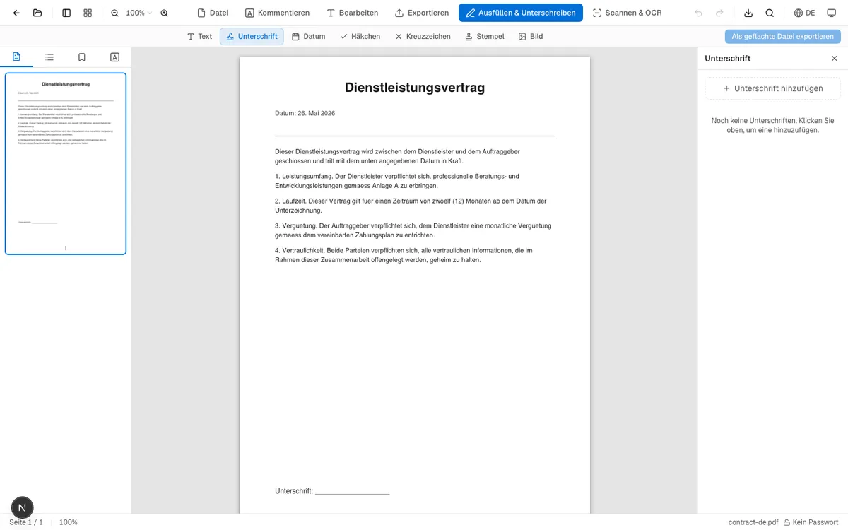 OnePDFs Signatur-Tool: PDF geladen mit dem Signatur-Panel auf der rechten Seite