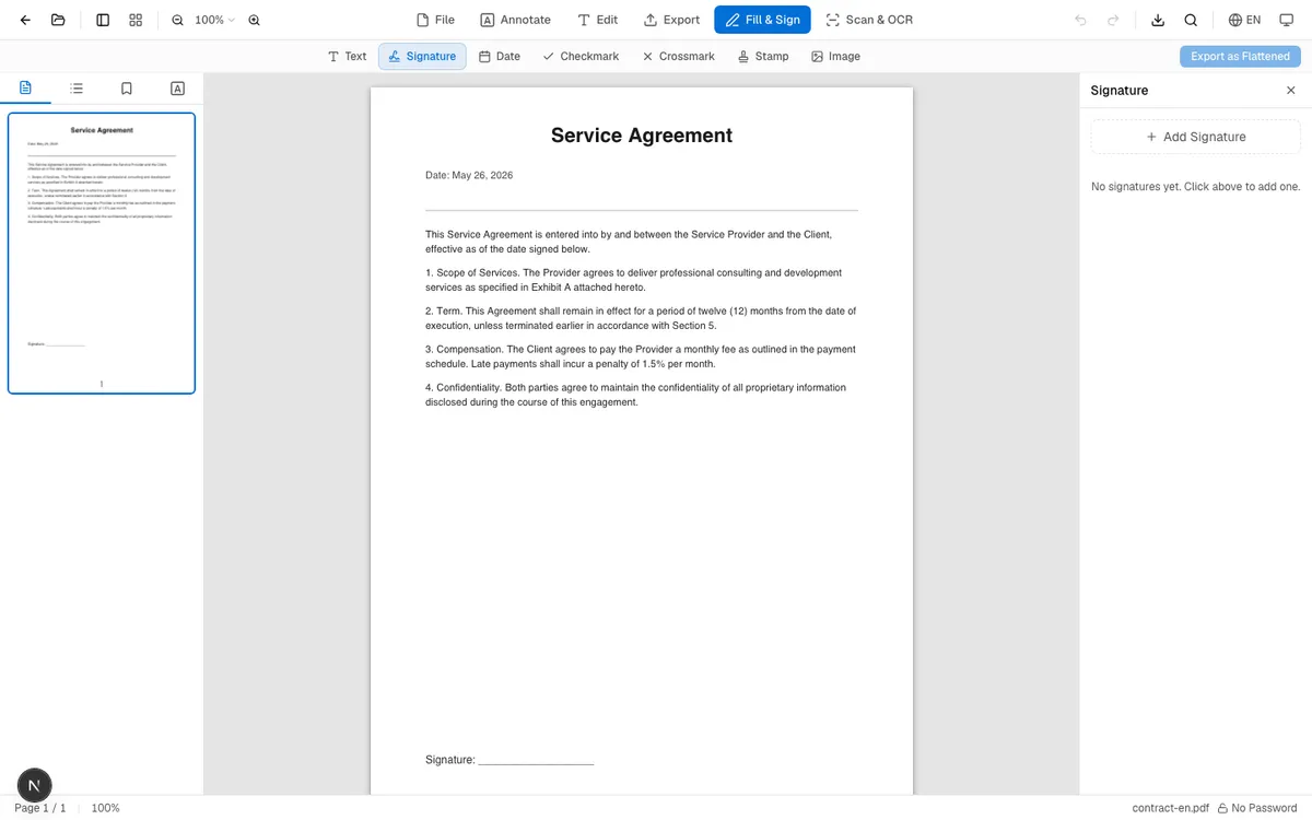 OnePDFs Sign tool interface showing the PDF loaded with the signature panel on the right