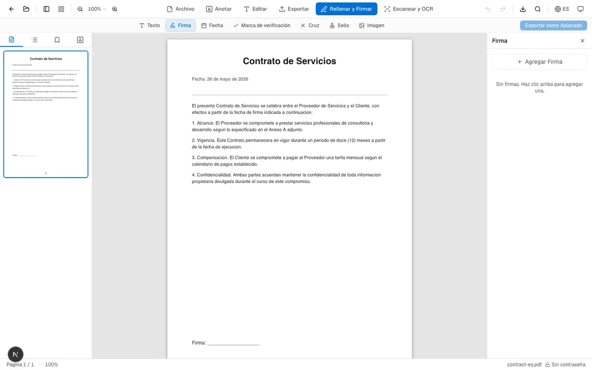 Interfaz de la herramienta de firma de OnePDFs: PDF cargado con el panel de firma a la derecha