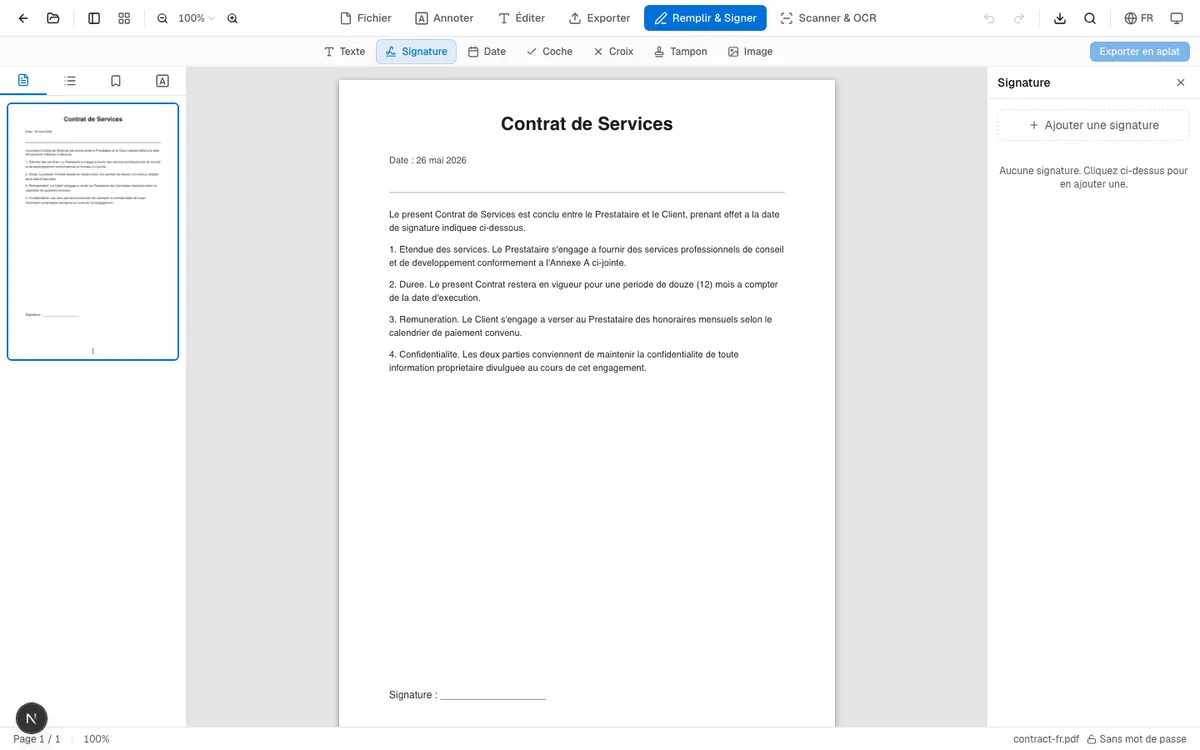 Interface de l'outil de signature OnePDFs : PDF chargé avec le panneau de signature à droite