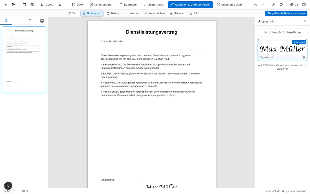 PDF-Dokument mit platzierter Unterschrift im Signaturfeld