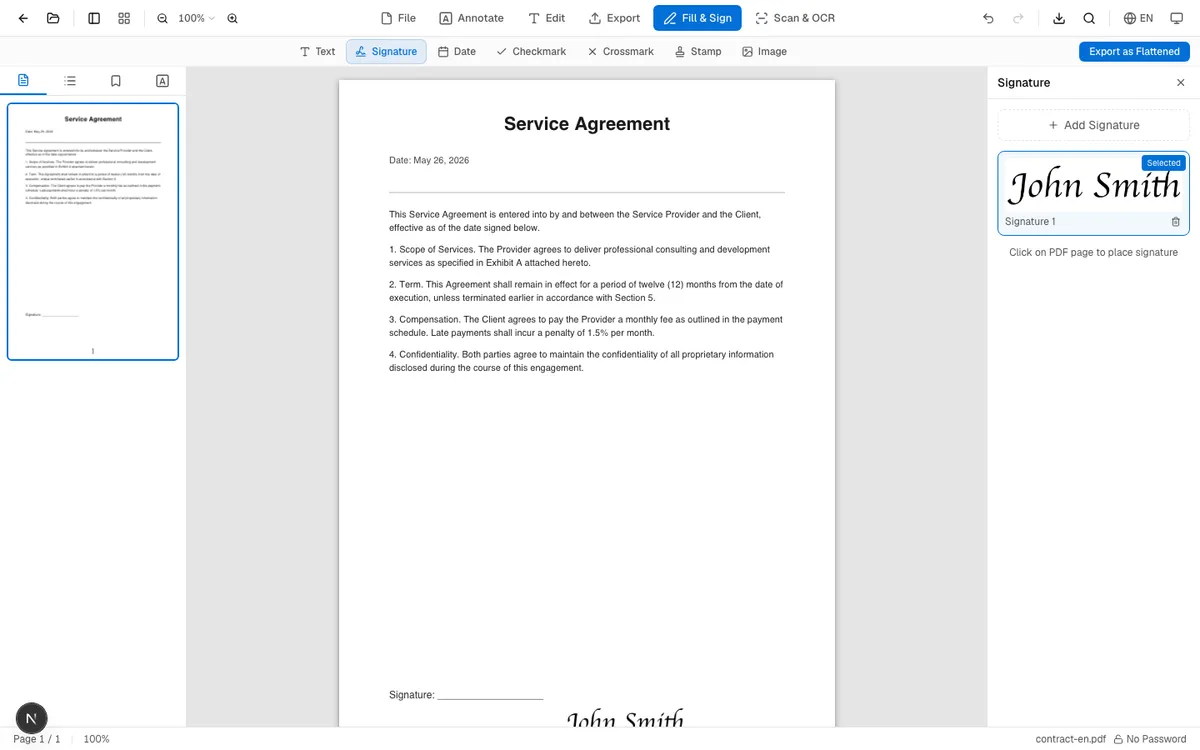 PDF document with "John Smith" signature placed on the page, signature panel showing the saved signature