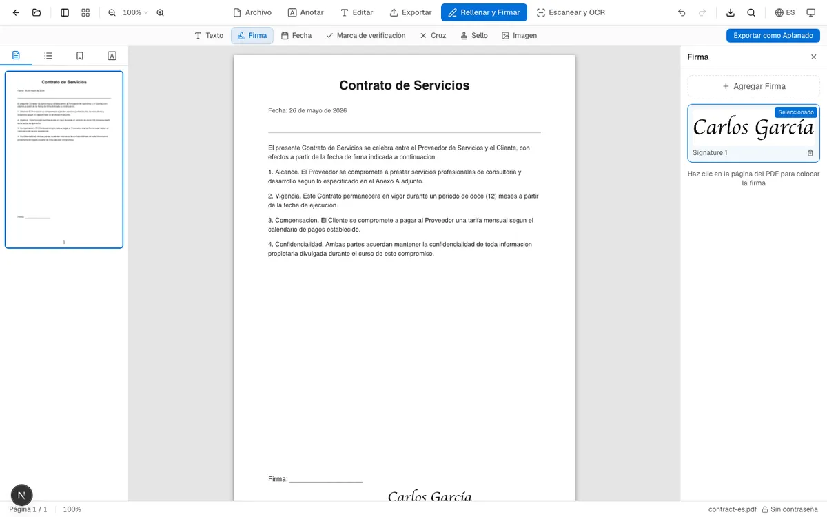 Documento PDF con la firma colocada en el campo de firma