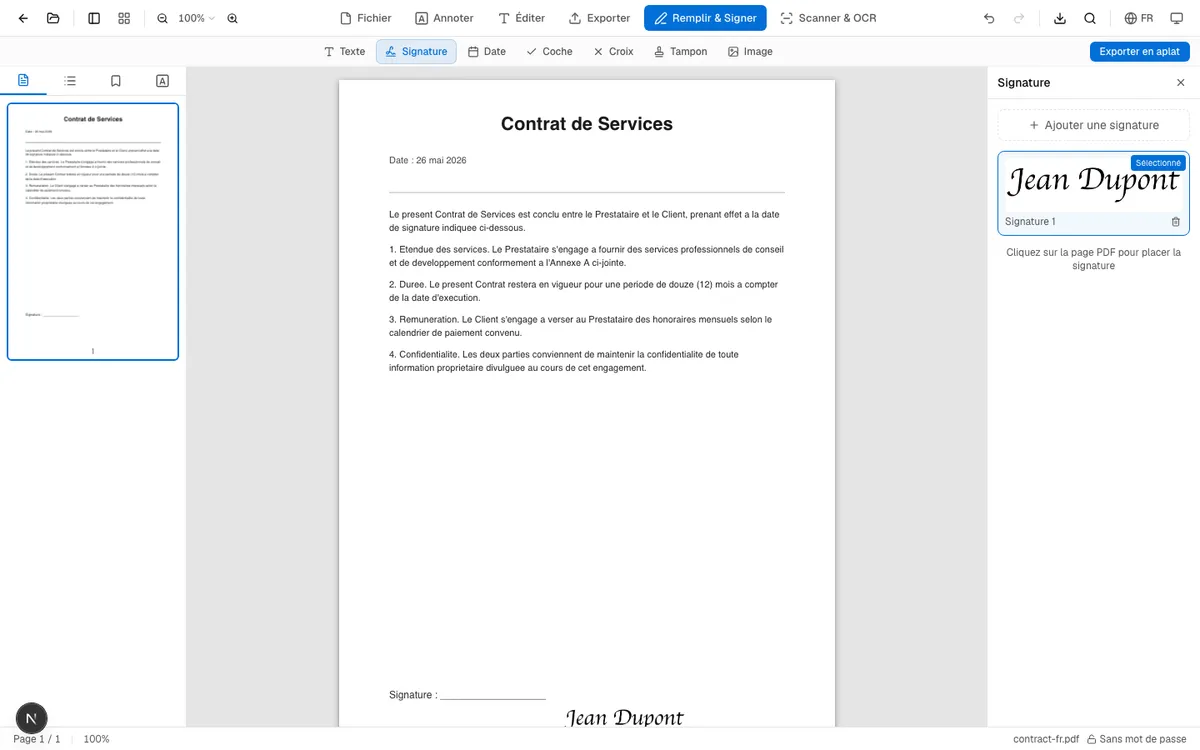 Document PDF avec une signature placée dans le champ prévu