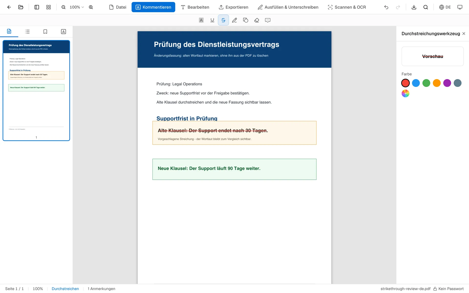 OnePDFs-Editor mit roter Durchstreichung über einer deutschen Vertragsklausel und Farbauswahl im rechten Bereich