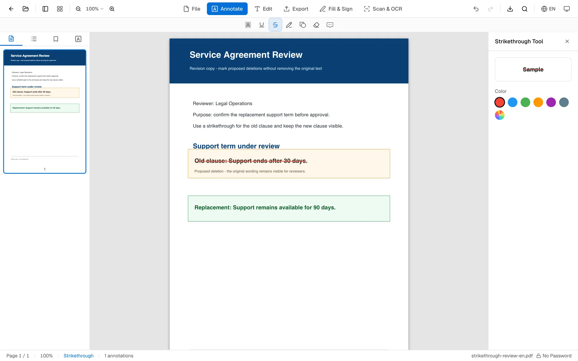 OnePDFs PDF strikethrough editor showing a red line across a clause in an English review document