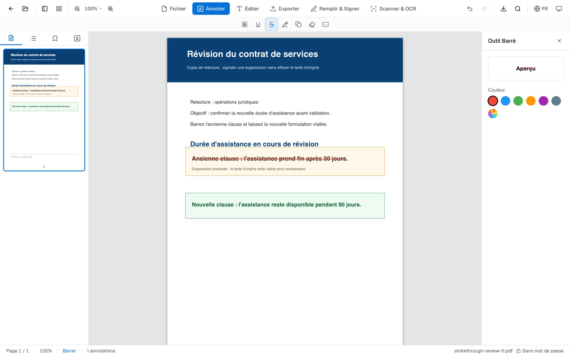 Éditeur OnePDFs affichant une ligne rouge sur une clause d'un PDF en français et les choix de couleur dans le panneau droit